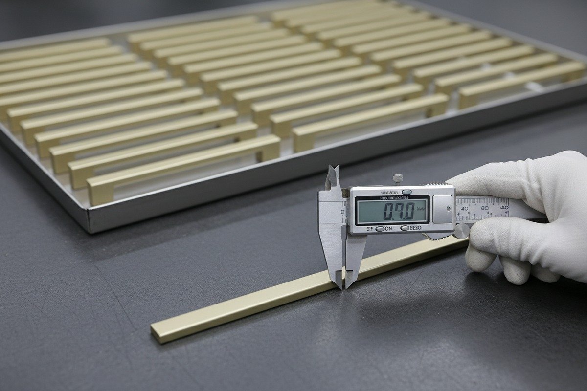 Verifying mass production quality of aluminum handles using calipers and visual inspection (ID#2)