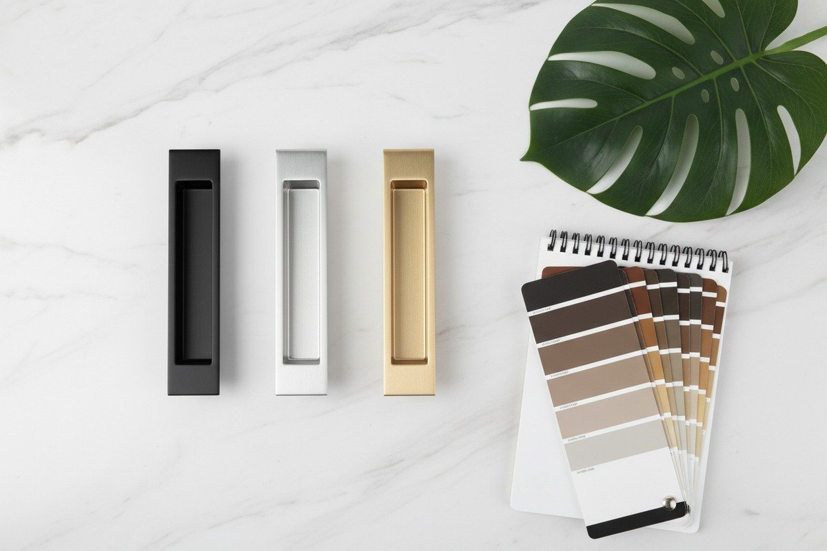 Trending Handle Color Finishes Aluminum handle colors like brushed silver and matte black for Indonesian interior design (ID#3)
