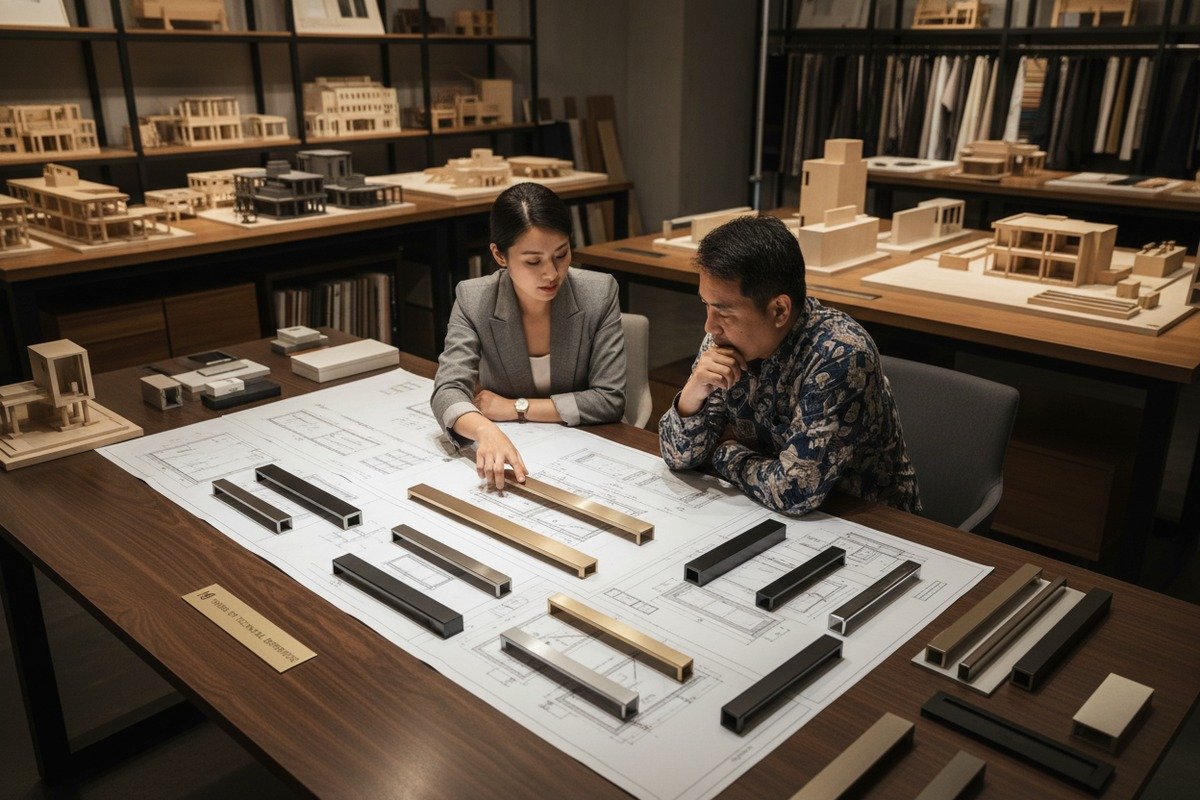 Customization options for aluminum cabinet handles including unique finishes and laser-engraved branding (ID#4)