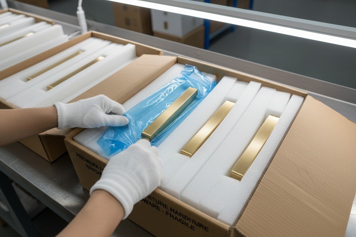 Layered protective packaging with PE foam and VCI bags for aluminum cabinet handles (ID#2)