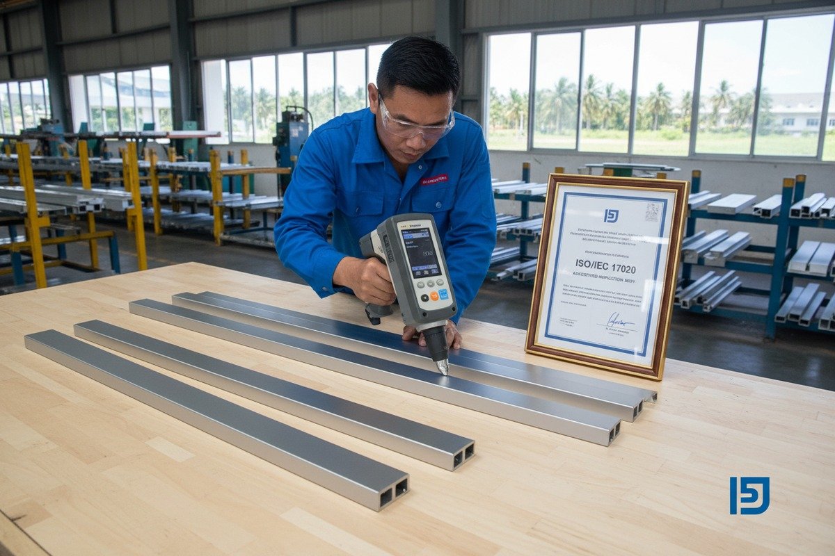Inspector checking aluminum hardware alloy grades and ISO accreditation standards for quality control (ID#2)