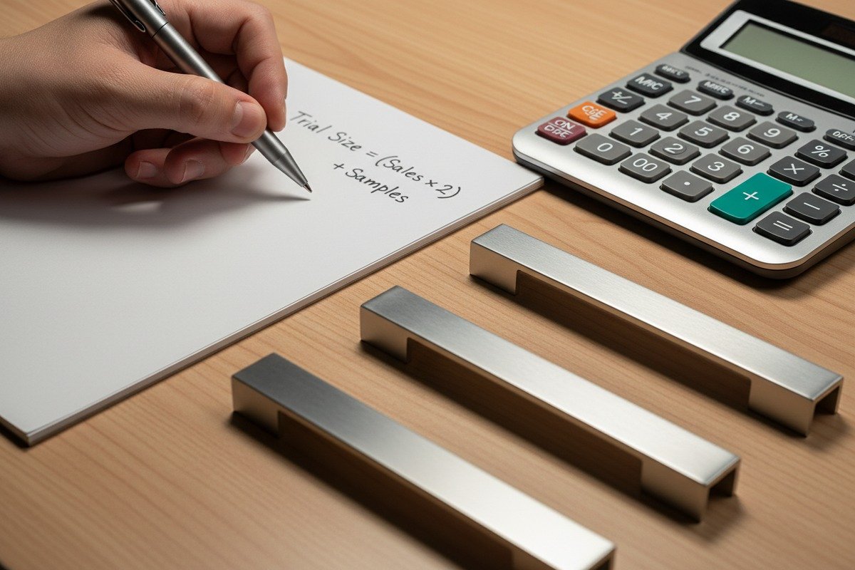 Calculating ideal MOQ for aluminum handle trial orders by multiplying projected monthly sales by two (ID#2)