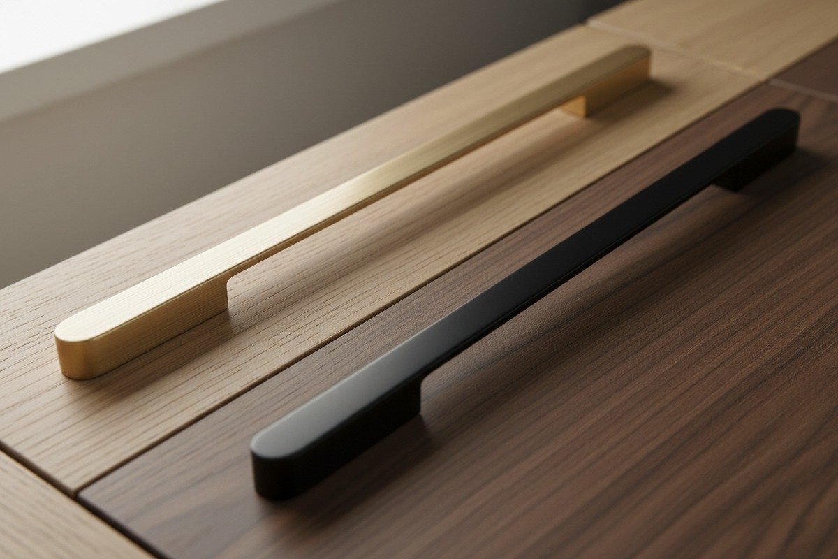Brushed and polished aluminum handle finishes complementing wood grains and glass furniture panels (ID#2)