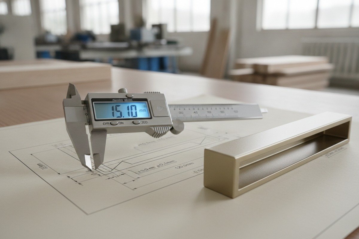 Precise Technical Tolerances Defining precise technical tolerances and measuring critical dimensions of aluminum handles with calipers (ID#2)