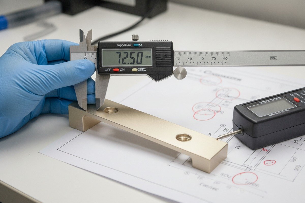 Inspection Agency Qualifications Professional inspector checking aluminum handle qualifications with ISO accreditation and specialized measuring tools (ID#2)