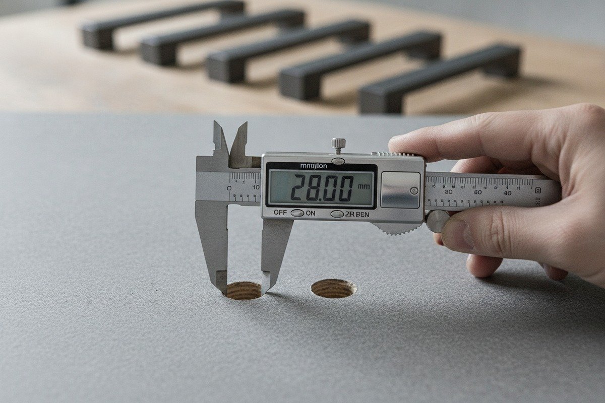 Measuring center-to-center distance between furniture screw holes using a digital caliper for precision (ID#2)