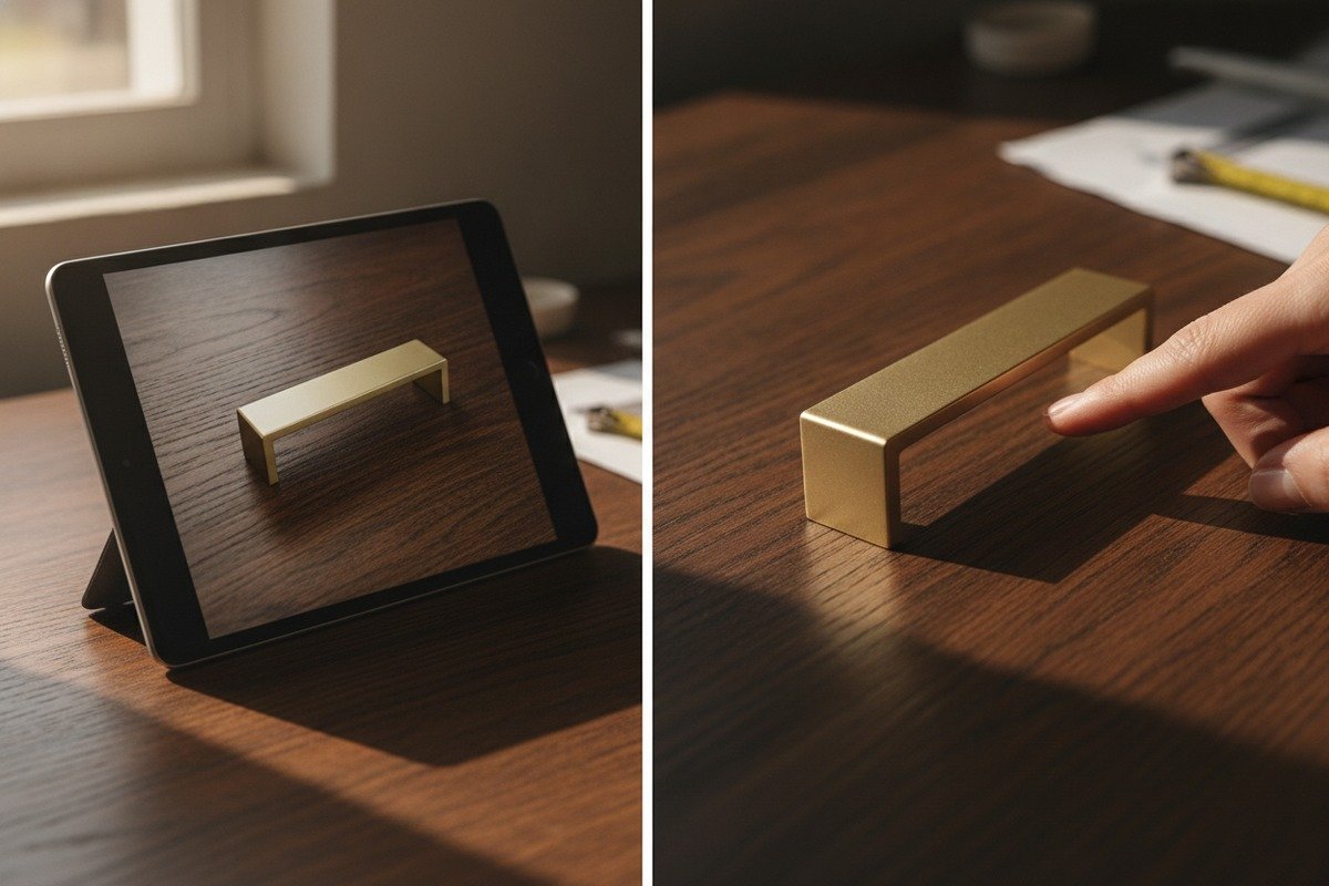 Digital catalog showing OEM customization options for aluminum handles and product specifications (ID#3)