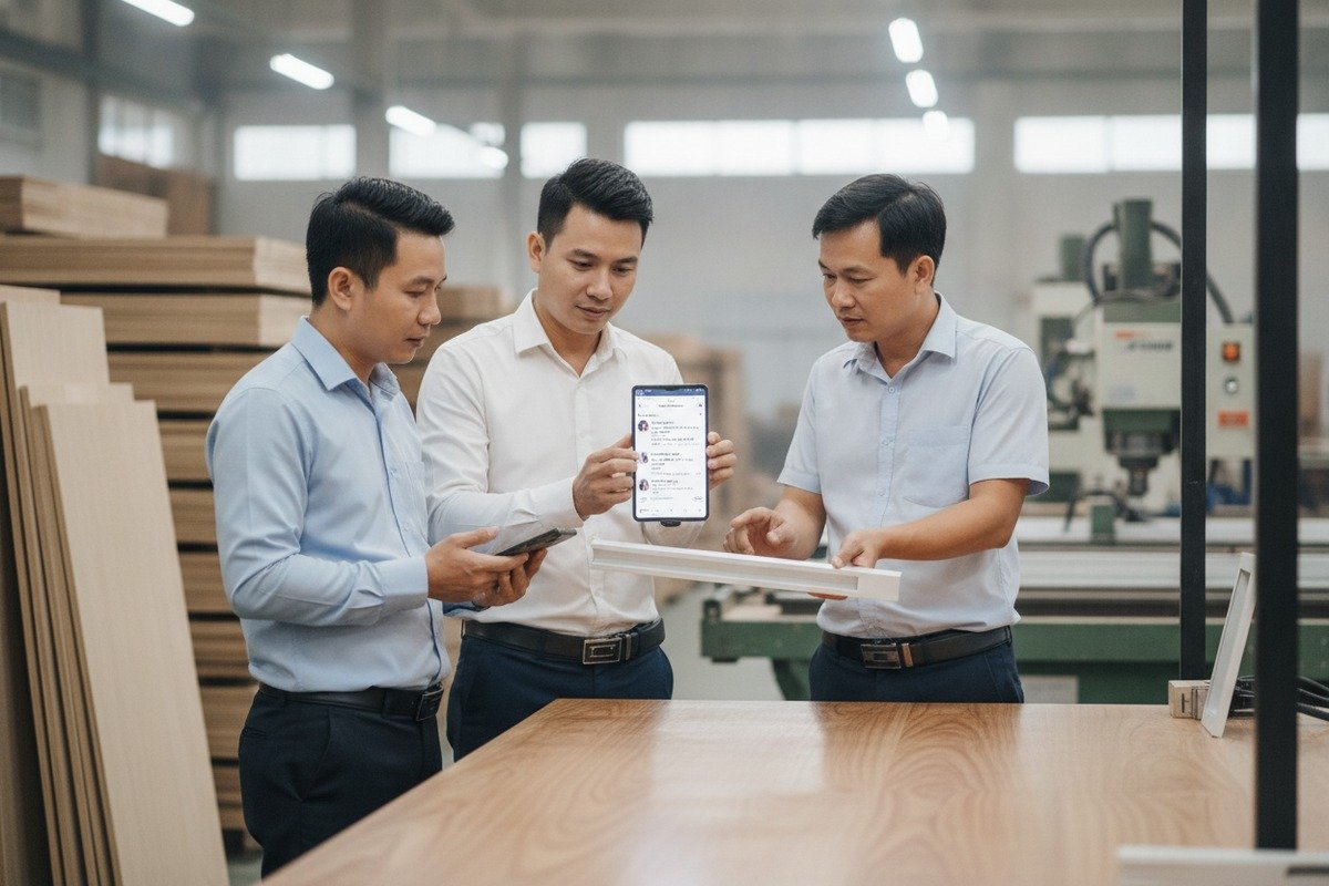 Vietnamese furniture factory owners discussing Chinese aluminum handle suppliers in private Facebook groups (ID#2)