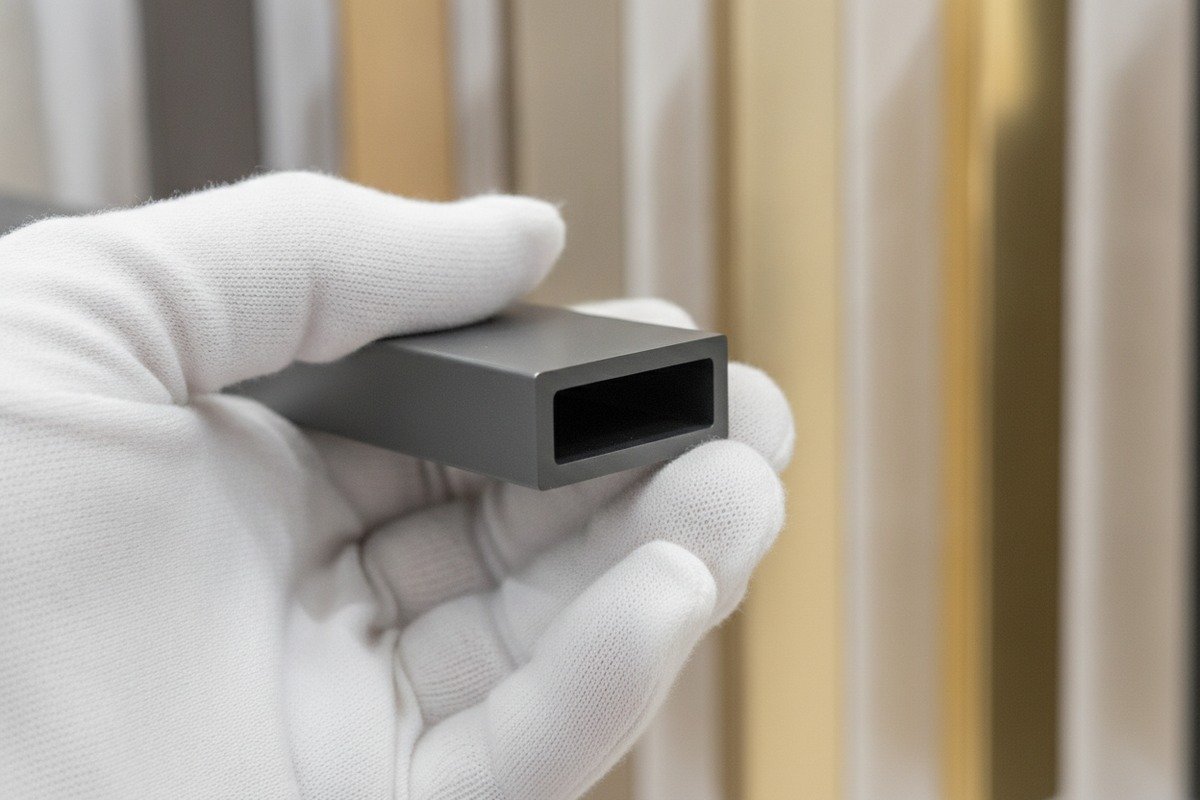 Inspecting aluminum handle samples for coating uniformity and dimensional accuracy at building exhibitions (ID#3)