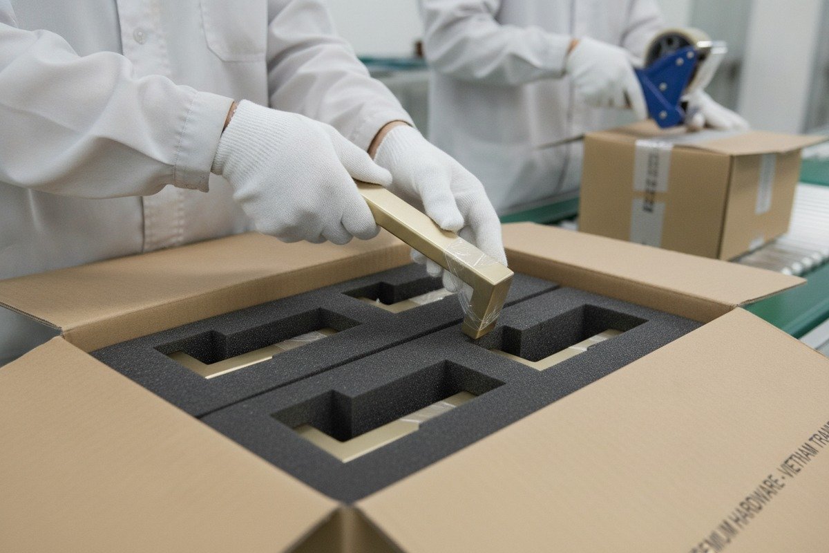 Protecting Bulk Aluminum Orders Protecting bulk aluminum handle orders during transit with PE foam wrapping and reinforced cartons (ID#3)