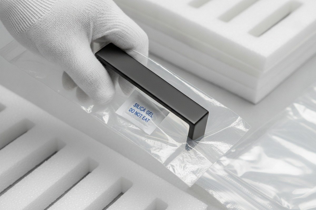 Layered moisture-proof materials like VCI paper and silica gel for shipping aluminum handles (ID#2)