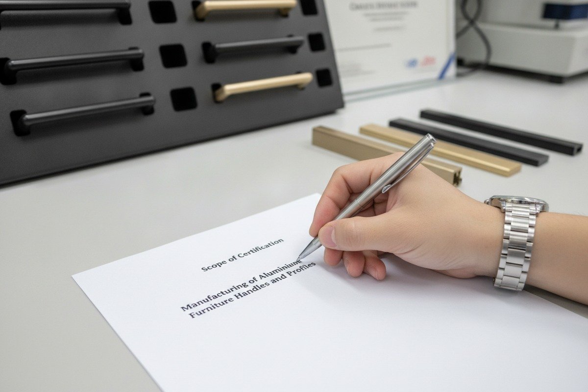 ISO Certificate Scope Details Checking ISO certificate scope for aluminum extrusion and furniture handle manufacturing details (ID#3)