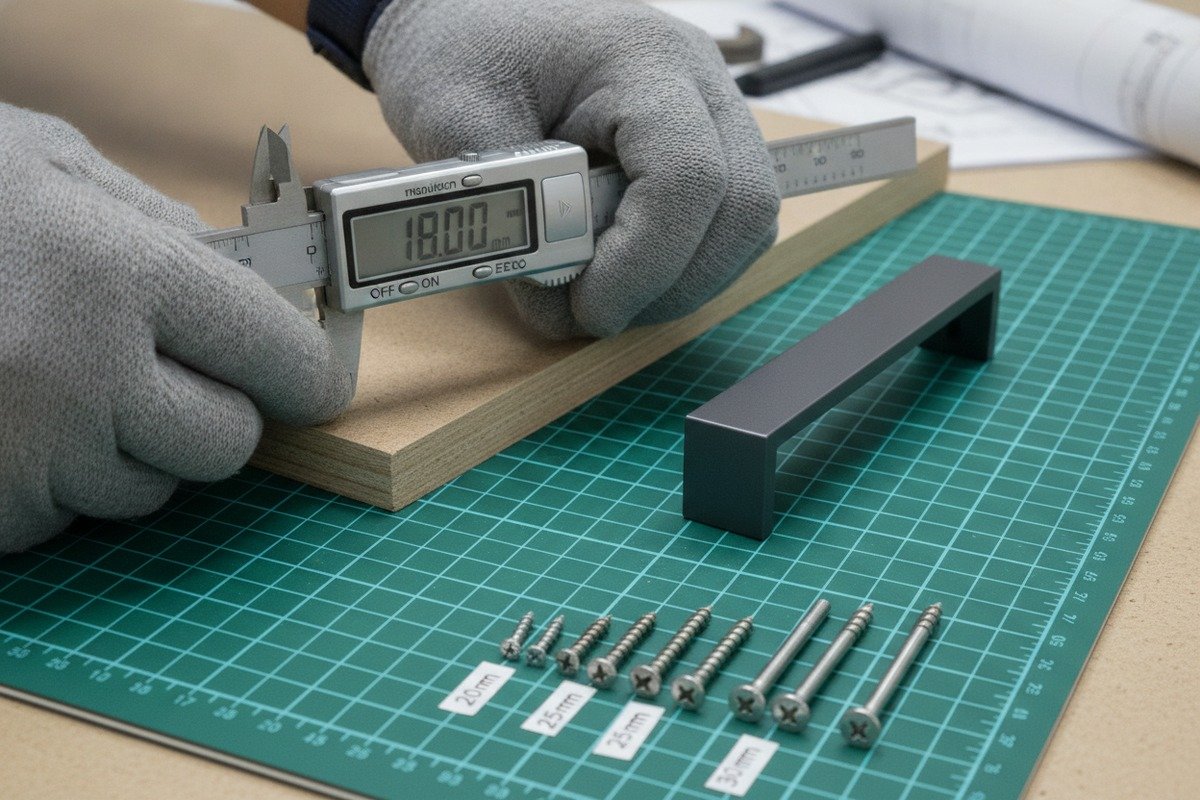 Determining Correct Screw Length Measuring cabinet door thickness to determine the correct screw length for handles (ID#2)