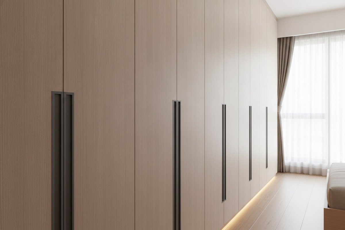 Minimalist Handle Design Profiles Slim bar pulls and recessed edge handles for minimalist modern Vietnamese home interiors (ID#3)