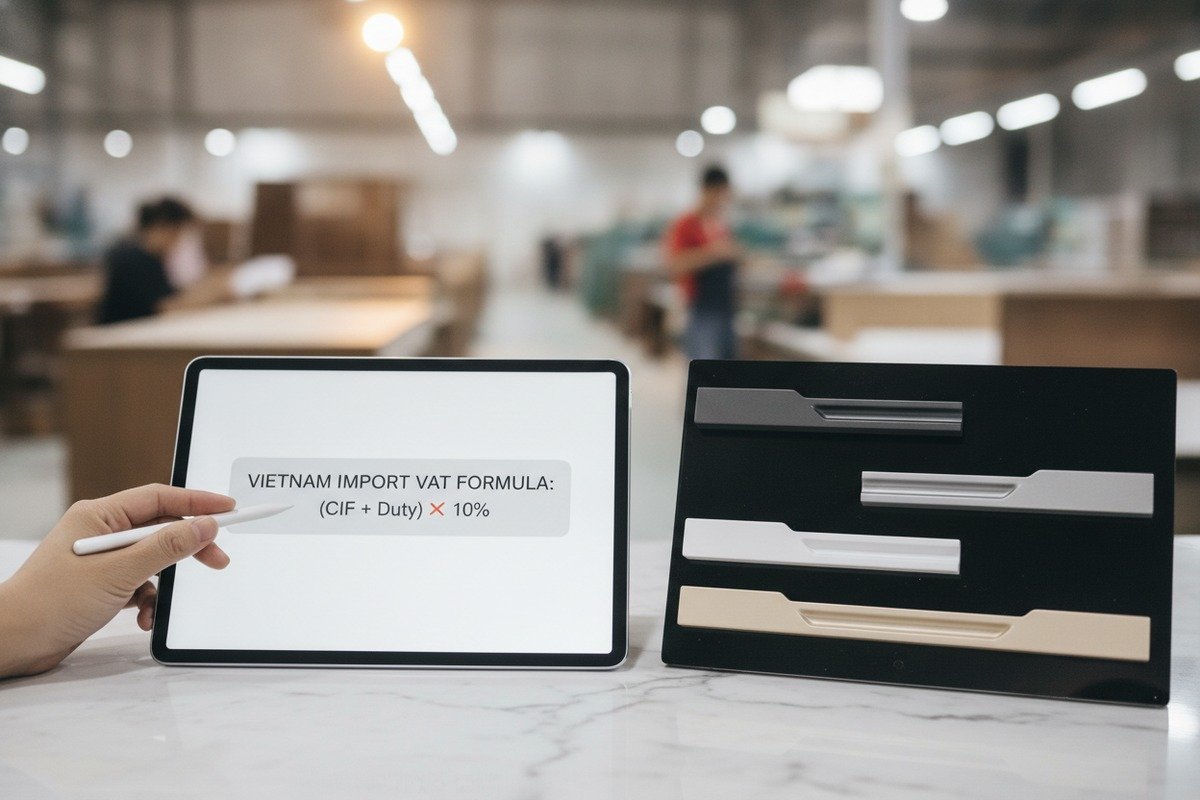 Calculating import VAT for aluminum furniture handles using CIF value and duty rates (ID#2)