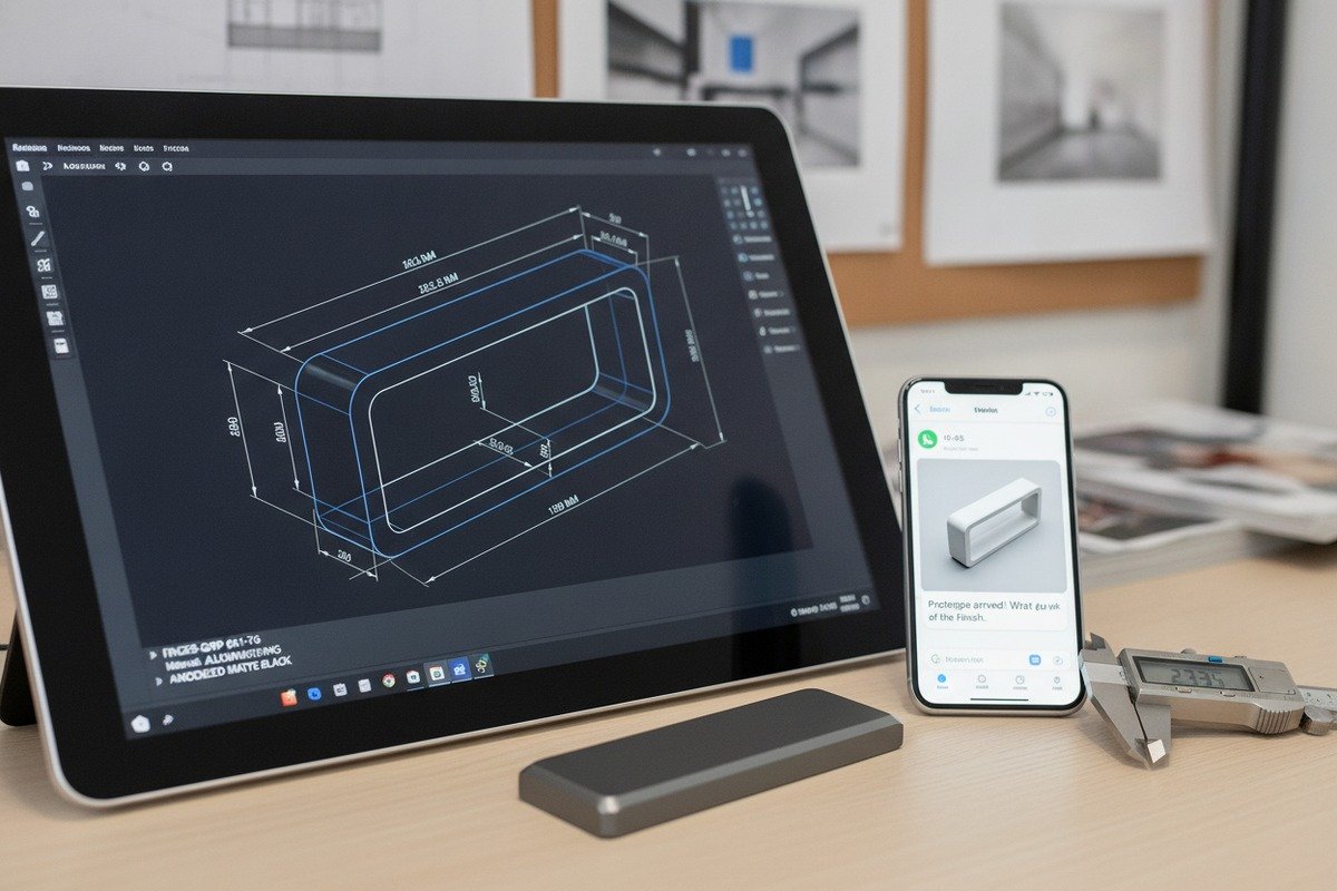 Sharing Custom Design Drawings Sharing custom aluminum handle design drawings and feedback via WhatsApp with suppliers (ID#3)