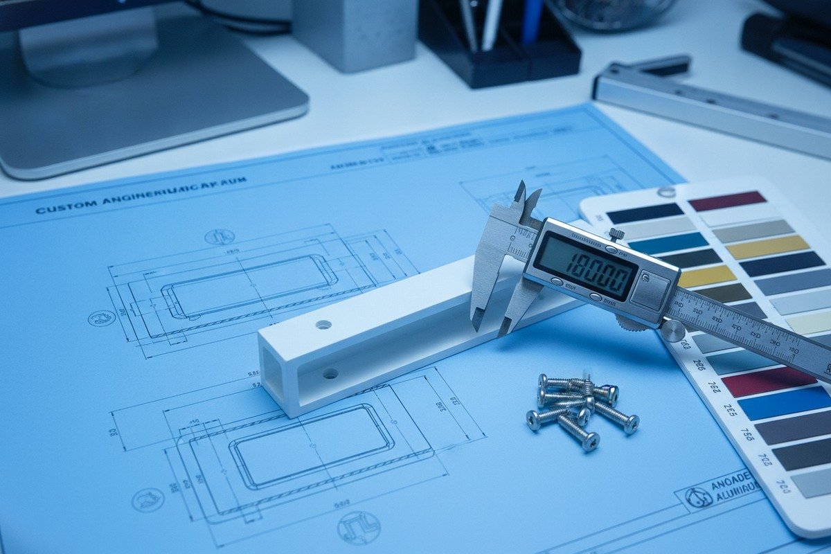 Technical specifications for custom aluminum handle designs including dimensions and surface finish details (ID#3)