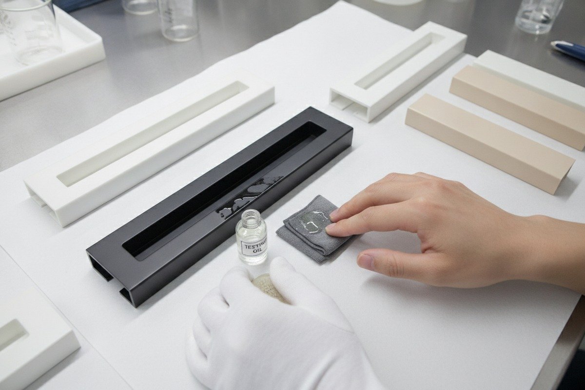 Verifying Coating Durability Tests Testing durability of anti-fingerprint coatings on aluminum handles through physical abrasion and chemical trials (ID#2)