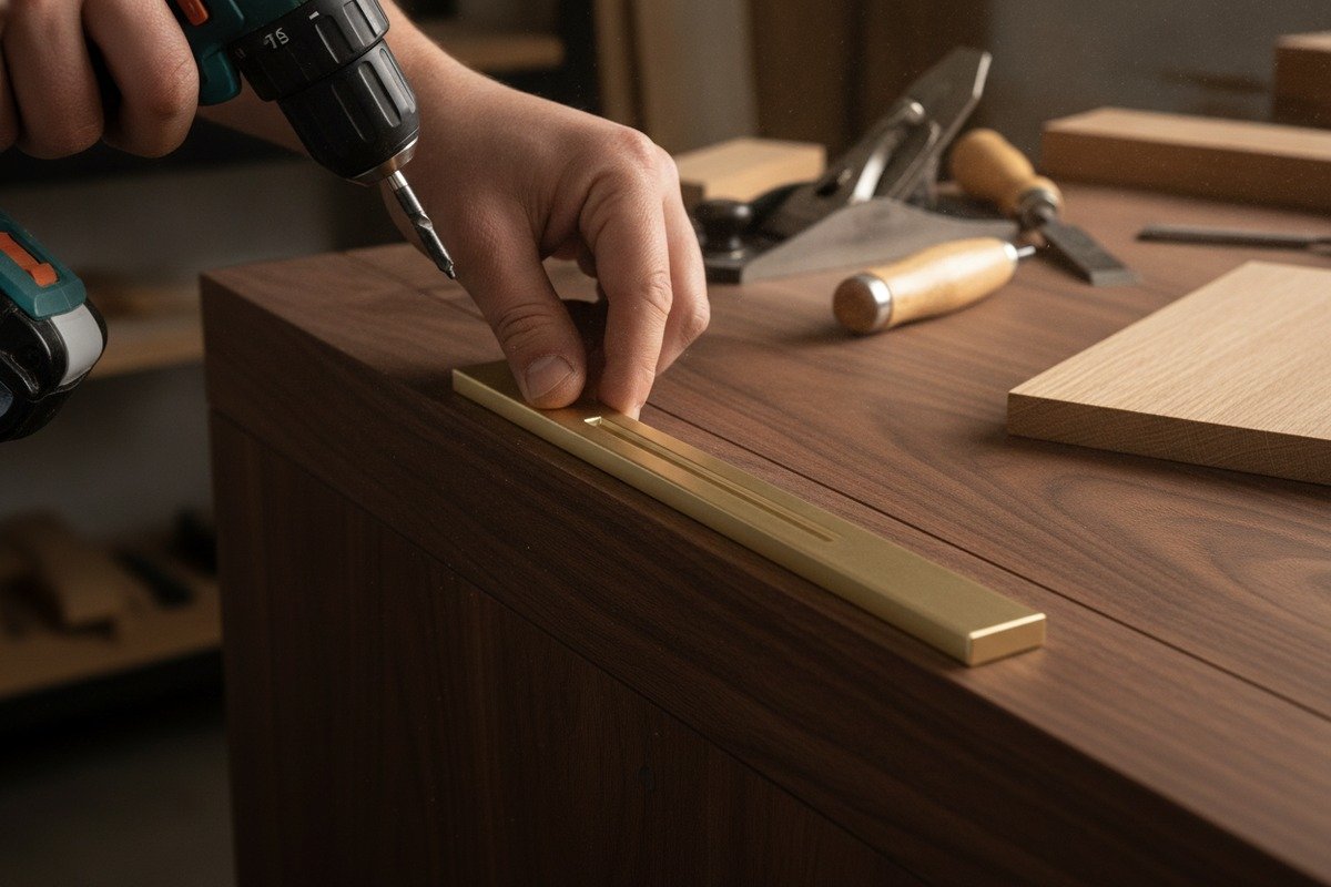 Brushed champagne gold and matte black aluminum handles for high-end solid wood furniture (ID#2)