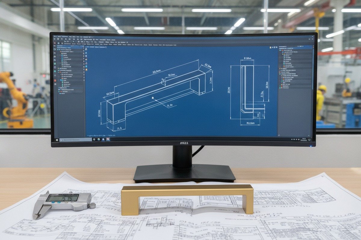 Custom Handle CAD Drawings Detailed CAD drawings and technical specifications for custom aluminum furniture handle manufacturing (ID#2)