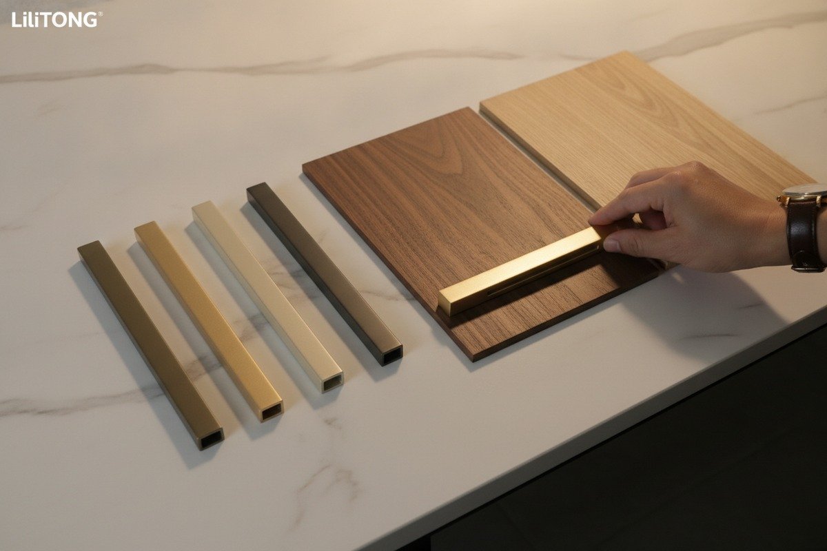Aesthetic Aluminum Handle Finishes Aluminum handles with warm-toned finishes and wood-grain textures for traditional furniture aesthetics (ID#3)