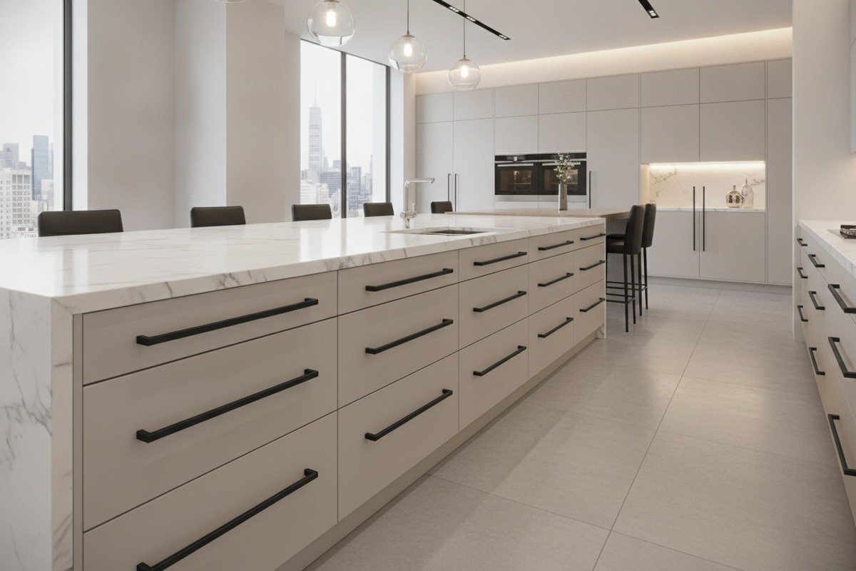 metal furniture hardware components including handles, legs and brackets on warehouse shelving