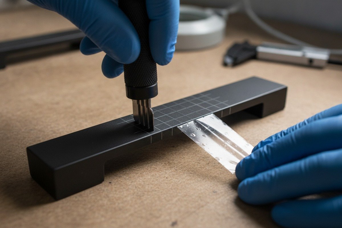 Performing a cross-cut adhesion test to check aluminum handle coating durability (ID#2)