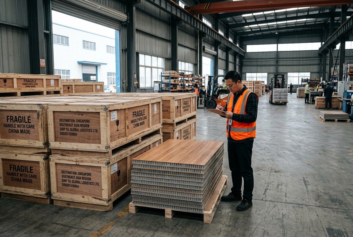 Warehouse interior showing organized inventory of aluminum furniture handles ready for shipment